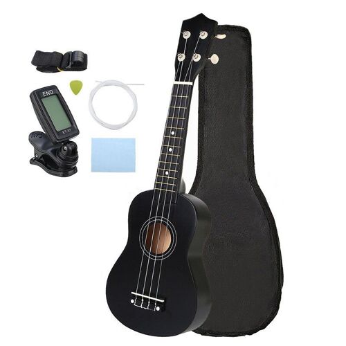 Instrument De Musique Ukulélé Soprano Économique De 21 Pouces Avec Accordeur De Cordes De Sac De Transport Noir