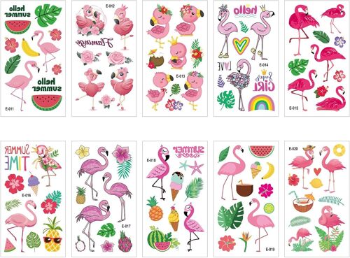Tatouages Temporaires Flamingo-Lot De 10 Feuilles (62 Motifs)-Autocollants Temporaires Été Tropicaux Hawïen Pour Fête-Cadeau Fête Flamant Rose 