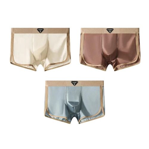 3 Pièces/Paquet De Luxe Satin-Like Glace Soie Hommes Culottes Hygroscopique Respirant Double Couche Soie Entrejambe Boxer Haute Élastique Caleçon.3pc Style F.L