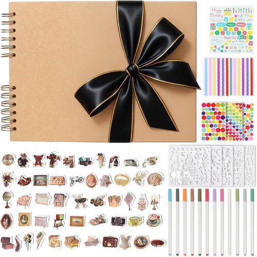 Tianyi-Album Photo Scrapbooking Avec Ruban Noir Bordé D'or, 80 Pages Noires, Livre Photo Avec 12 Marqueurs Métalliques, 11 Planchettes De Stickers, Livre D'or Pour Mariage & Anniversaire, Kaki
