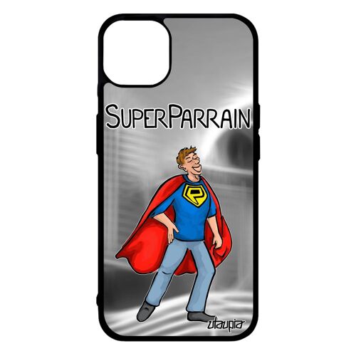 Coque pour iPhone 14+ Plus silicone super parrain comics humoristique heros texte bebe drole noir personnalisé made in France