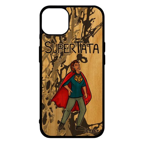 Coque Bois Telephone Iphone 14+ Plus Silicone Super Tata Personnalisé Comics Texte Humour Dessin Gris Comique Drole Heros Case