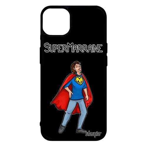Coque iPhone 14+ Plus silicone super marraine smartphone comics enfant antichoc noir heros cadeau d'anniversaire bd humour de