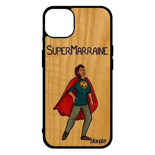 Coque pour iPhone 14+ Plus bois silicone super marraine rouge humour drole mobile portable bande dessinée humoristique de