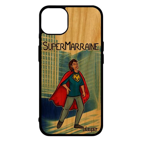 Coque bois pour iPhone 14+ Plus silicone super marraine bande dessinée heros housse drole comique bleu pas cher enfant humour