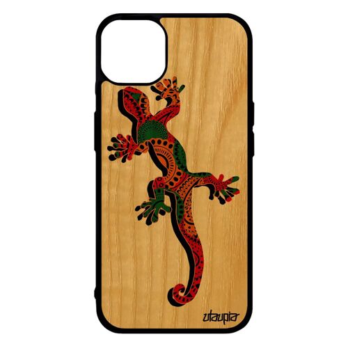 Coque silicone pour iPhone 14+ Plus bois salamandre reggae ethnique mobile jamaique rasta case reptile hippie animaux unique