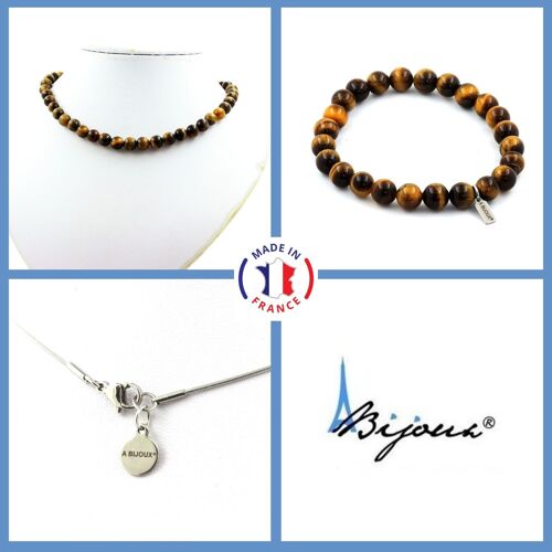 Parure Bijoux Bracelet Collier Perles Oeil De Tigre 8 Mm. Chaine En Taille Personnalisable.