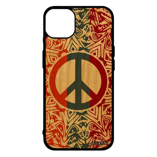 Coque Pour Iphone 14+ Plus En Bois Silicone Peace And Love Boheme Antichoc Bumper Yoga 4g Hippie Telephone Fille Reggae & Gris