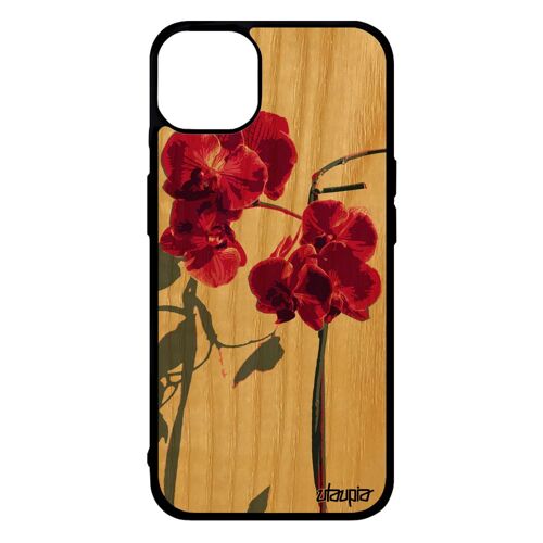 Coque bois iPhone 14+ Plus silicone orchidée fleur amour fantaisie housse exotique peinture Rose floral dessin telephone belle