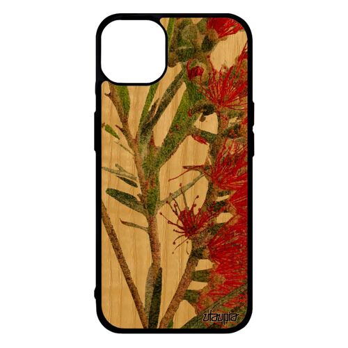 Coque bois fleurs iPhone 14+ Plus silicone telephone vert florale design 4G nature portable texture plante exotique artisanat