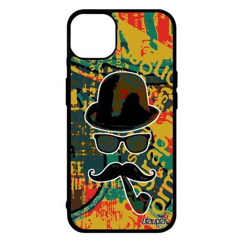 Coque silicone iPhone 14+ Plus homme moustache homme vert charlie chapeau melon tag peinture telephone personnalisé motif pipe