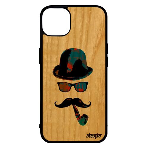Coque Silicone Portrait Iphone 14 Bois Moustache Housse Etui Homme Monsieur Pipe Vintage Tag 256 Go 4g Chapeau Melon Peinture