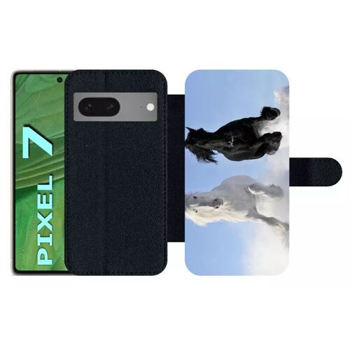 Etui À Rabat Pour Pixel 7 - Chevaux Blanc Et Noir Dans La Neige - Simili-Cuir - Noir