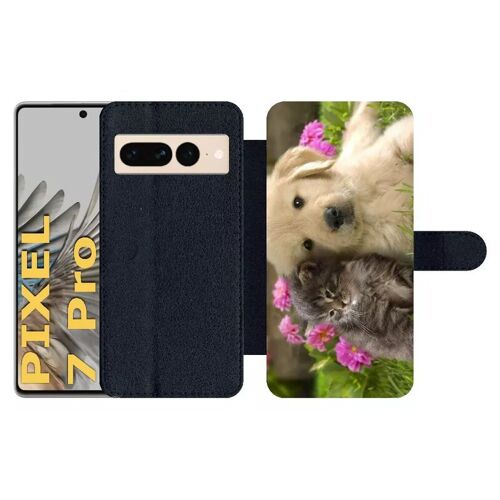 Etui À Rabat Pour Pixel 7 Pro - Chiot Golden Retriever Et Chaton - Simili-Cuir - Noir