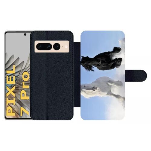 Etui À Rabat Pour Pixel 7 Pro - Chevaux Blanc Et Noir Dans La Neige - Simili-Cuir - Noir