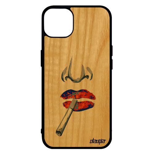 Coque en bois silicone iPhone 14 portrait 4G de protection levres femme abstrait bouche dessin bisou jaune pas cher cigarette
