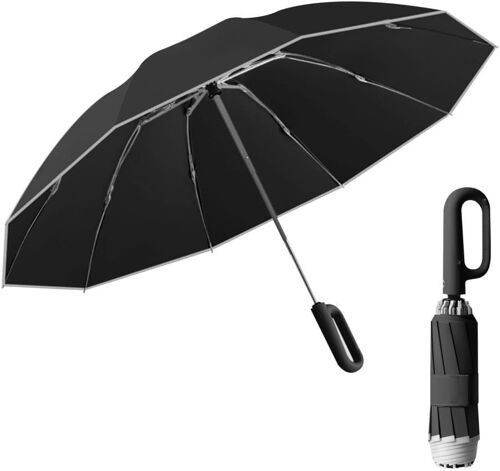 Parapluie Avec Boucle À Anneau, Coupe-Vent, Automatique, Parapluie De Voyage Portable Avec Bande De Sécurité Réfléchissante Pour Femmes Et Hommes
