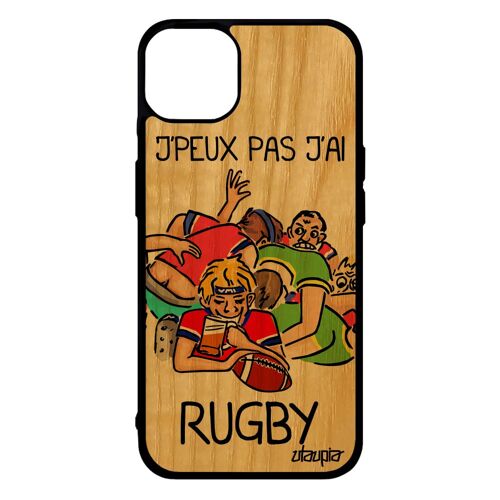 Coque silicone pour iPhone 14+ Plus bois j'peux pas j'ai rugby humour Rouge drole sport portable bd 4G comique made in France