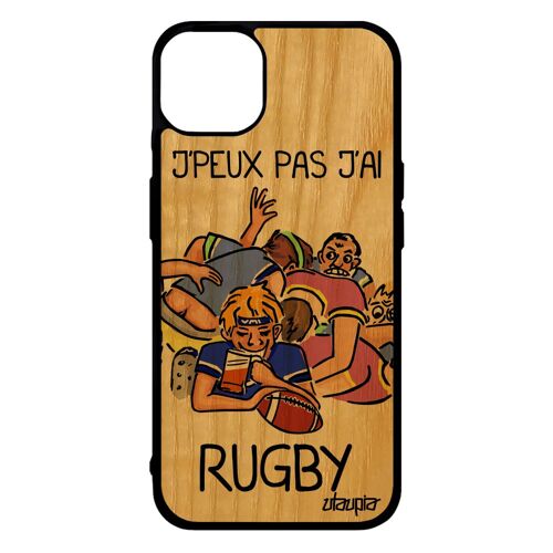 Coque silicone iPhone 14+ Plus bois jpeux pas j'ai rugby humour coupe du monde sport Bleu bd comique 128 Go de made in France