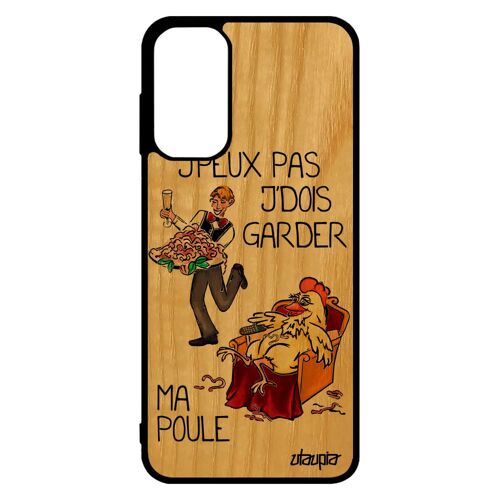 Coque silicone Samsung Galaxy M13 en bois j'peux pas j'dois garder ma poule bande dessinée rouge coq texte 4G etui jpeux humour papa