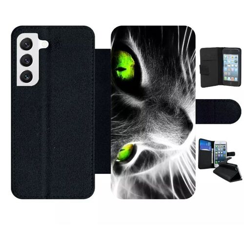 Etui À Rabat Pour Galaxy S22 5g - Chat Noir Et Blanc Yeux Vert - Simili-Cuir - Noir