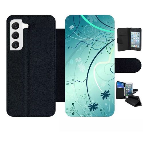 Etui À Rabat Pour Galaxy S22 5g - Abstrait Turquoise Fleur - Simili-Cuir - Noir