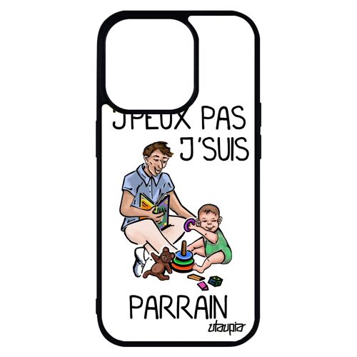 Coque de protection pour iPhone 14 pro max silicone humour j'peux pas j'suis parrain noir bande dessinée cadeau de noel blanc
