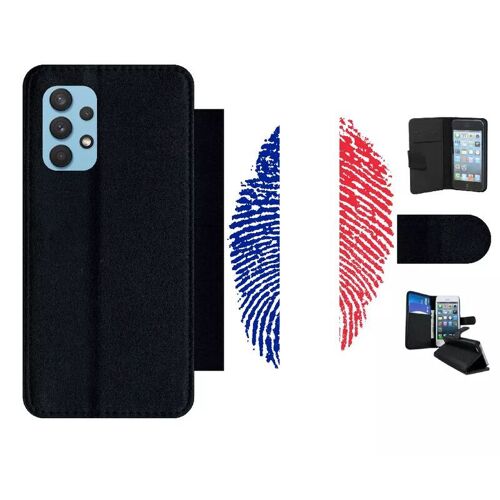 Etui À Rabat Pour Galaxy A32 4g - Empreinte Digitale Drapeau France - Simili-Cuir - Noir