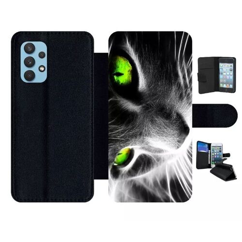 Etui À Rabat Pour Galaxy A32 4g - Chat Noir Et Blanc Yeux Vert - Simili-Cuir - Noir