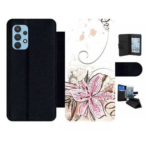 Etui À Rabat Pour Galaxy A32 4g - Lily With Grunge Floral - Simili-Cuir - Noir