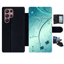 Etui À Rabat Pour Galaxy S22 Ultra 5g - Abstrait Turquoise Fleur - Simili-Cuir - Noir