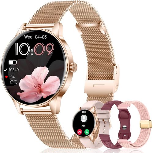 Montre Connectée Femme Avec Appels 4 Bracelets,1,27"" Tft Smartwatch 120+ Modes Sportifs 24H Fréquence Cardiaque/Spo2/Sommeil/Cycle Féminin/Ip68 Fitness Podomètre Pour Android Ios,Or Rose