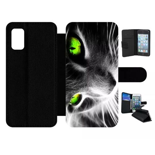 Etui À Rabat Pour Galaxy A41 - Chat Noir Et Blanc Yeux Vert - Simili-Cuir - Noir