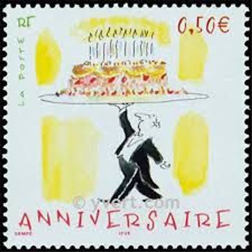 Timbres Pour Anniversaires : Maître D'Hôtel Portant Un Gâteau Dessin De Sempé Année 2004 N° 3688 Yvert Et Tellier Luxe
