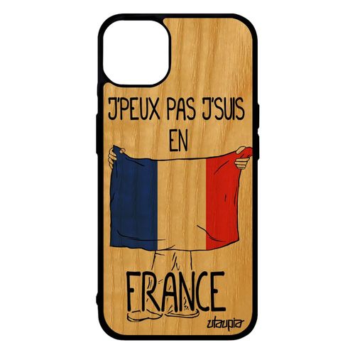 Coque J'peux Pas J'suis En France Iphone 14+ Plus Bois Et Silicone Foot Drapeau Francais De Protection Bleu Blanc Rouge Jo