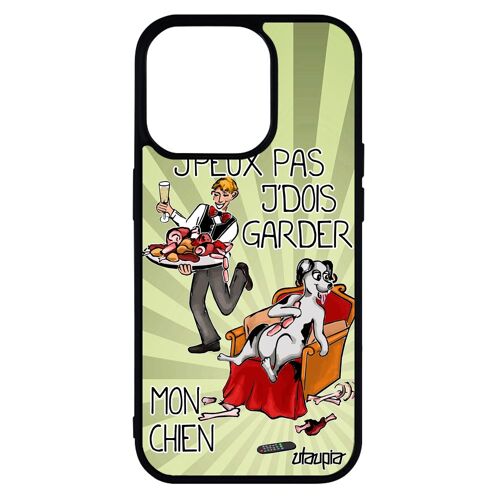 Coque j'peux pas j'dois garder mon chien iPhone 14 pro silicone je case bd chiot jpeux cartoon vert design humoristique de