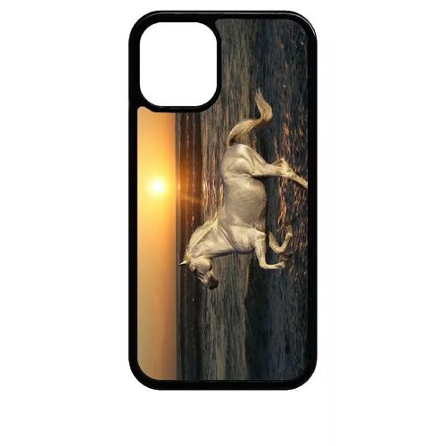 Coque Pour Iphone 12 Mini - Cheval Blanc Couché De Soleil Sur La Plage - Noir