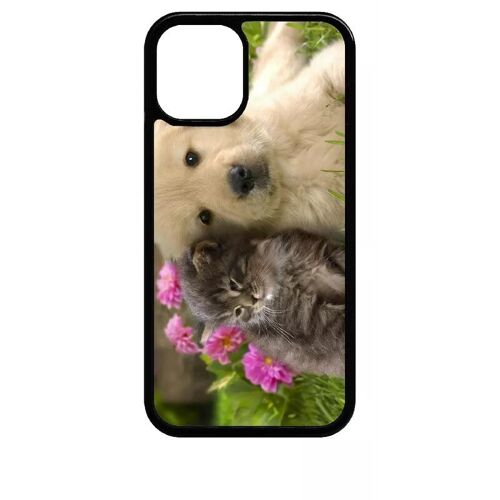Coque Pour Iphone 12 Mini - Chiot Golden Retriever Et Chaton - Noir