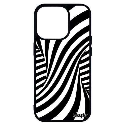 Coque iPhone 14 pro silicone illusion d'optique art visuel effet noir et blanc noir antichoc tourbillon telephone bicolore 3d