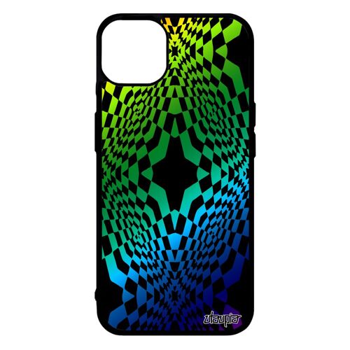 Coque iPhone 14+ Plus silicone illusion d'optique losange arc en ciel noir multicolore telephone effet vert mobile gay pride