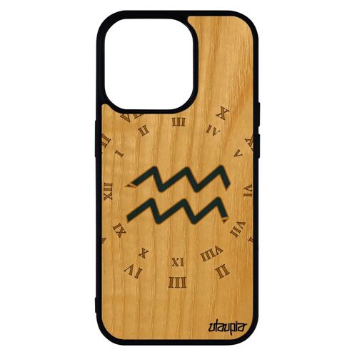 Coque En Bois Pour Iphone 14 Pro Silicone Signe Verseau Femme Univers Etoiles Smartphone Astrologique Du Zodiaque Horloge Noir