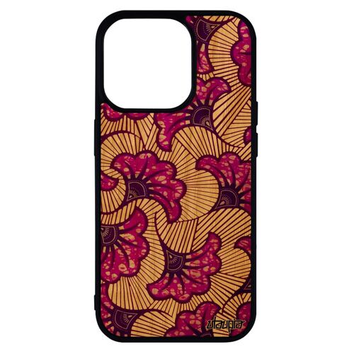 Coque iPhone 14 pro vrai bois silicone wax portable tissu etui motif violet rigide imprimé ethnique dessin telephone afrique