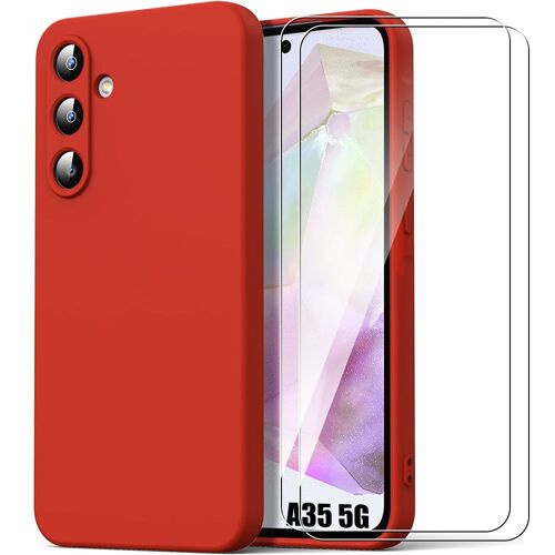 Coque + 2 Verres Trempés pour Samsung Galaxy A35 5G, Protection Silicone Liquide Effet Mat Rouge - E.F.Connection