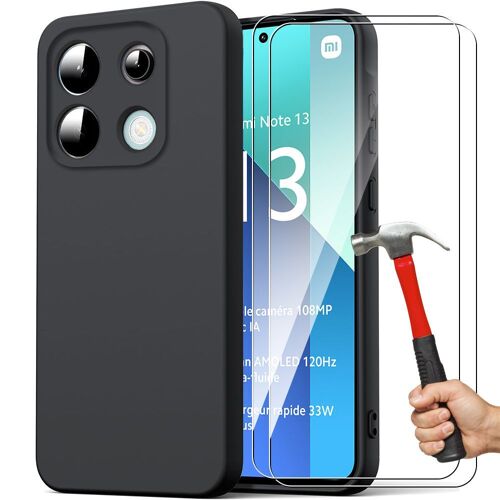 Coque pour Xiaomi Redmi Note 13 4G (pas pour 5G) - Protection Silicone Liquide Mat Antichoc Slim - Noir + 2 Verres Trempés - E.F.Connection