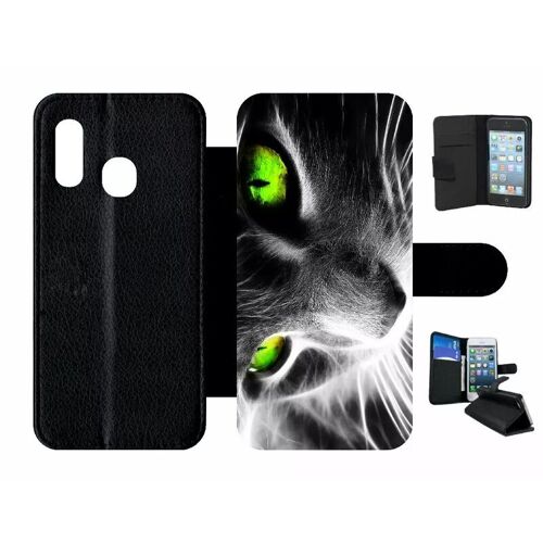 Etui À Rabat Pour Galaxy A20e - Chat Noir Et Blanc Yeux Vert - Simili-Cuir - Noir
