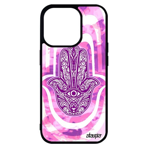 Coque iPhone 14 pro max silicone main de fatma antichoc metal fatima talisman personnalisé fille symbole portable rose berbere