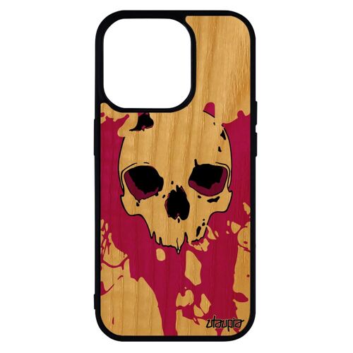 Coque pour iPhone 14 pro en bois silicone tete de mort tache peinture enfer emo pas cher old school Rose telephone fantastique