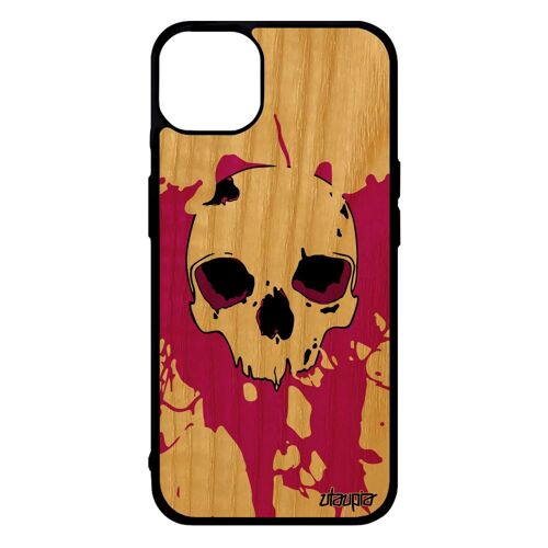 Coque de protection pour iPhone 14+ Plus en bois silicone tete de mort smartphone tache peinture old school coloré dessin emo