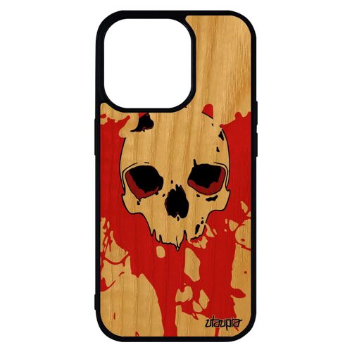 Coque silicone iPhone 14 pro max en bois tete de mort biker street art squelette portable bumper sang homme os techno noir