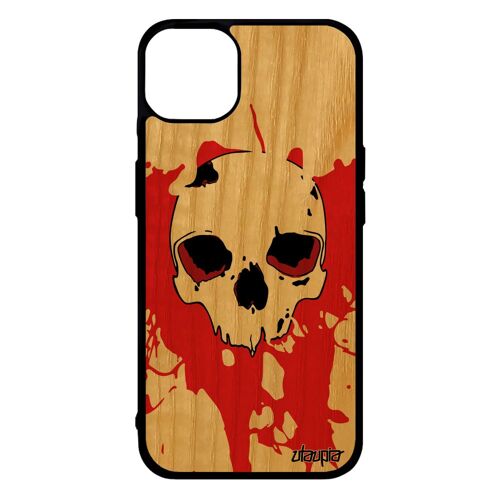 Coque en bois iPhone 14+ Plus silicone tete de mort sang souple biker personnalisé techno masque antichoc homme os telephone